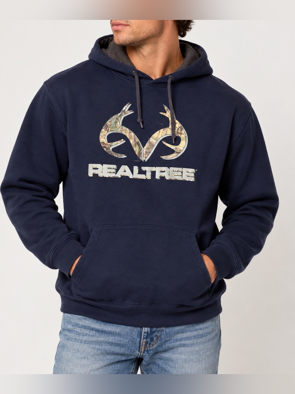 Realtree Camo Logo Navy Pullover Hunting Hoodie Men’s Large